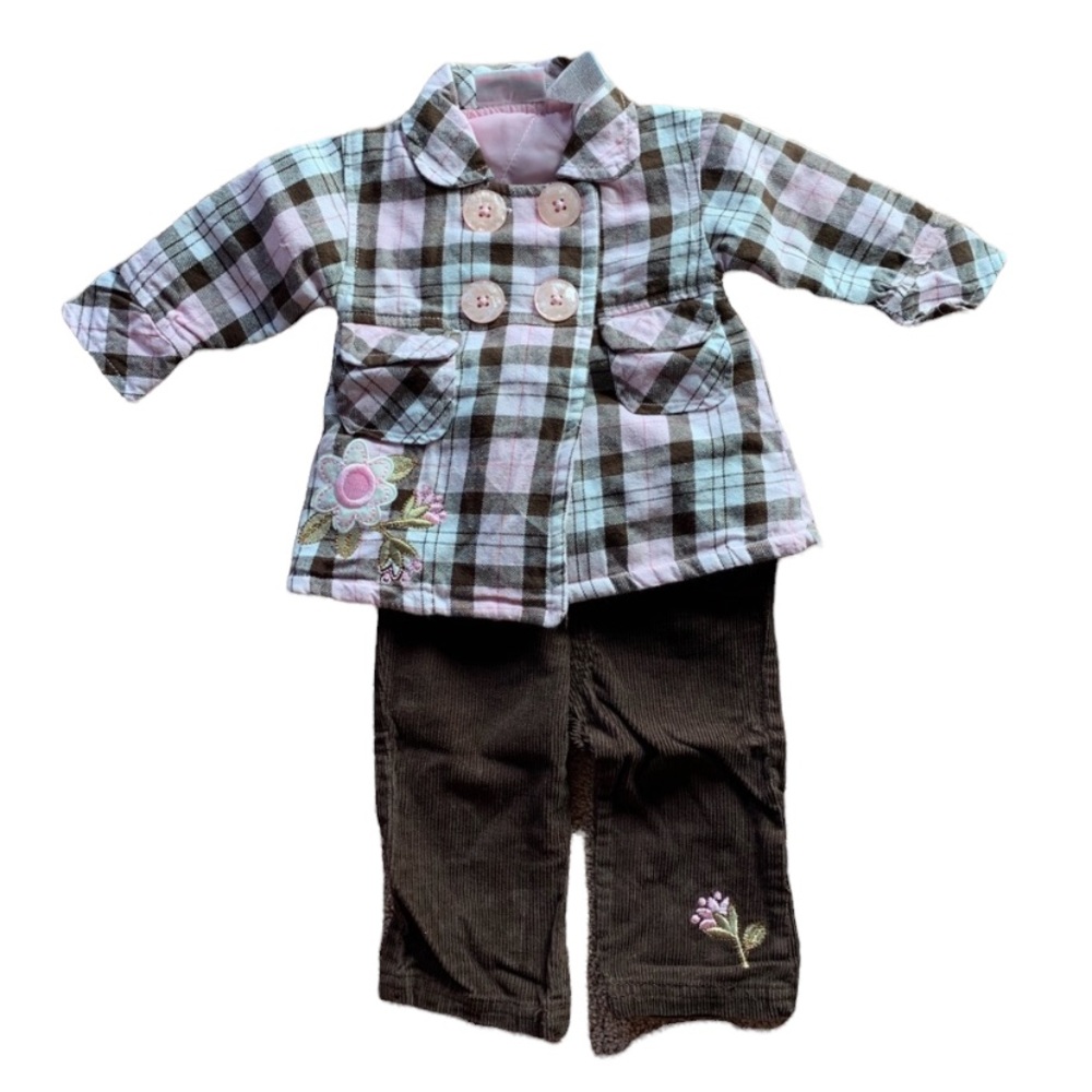 🎉 YOUNG HEARTS Plaid Pea Coat & Corduroy Pants Set, size 12m